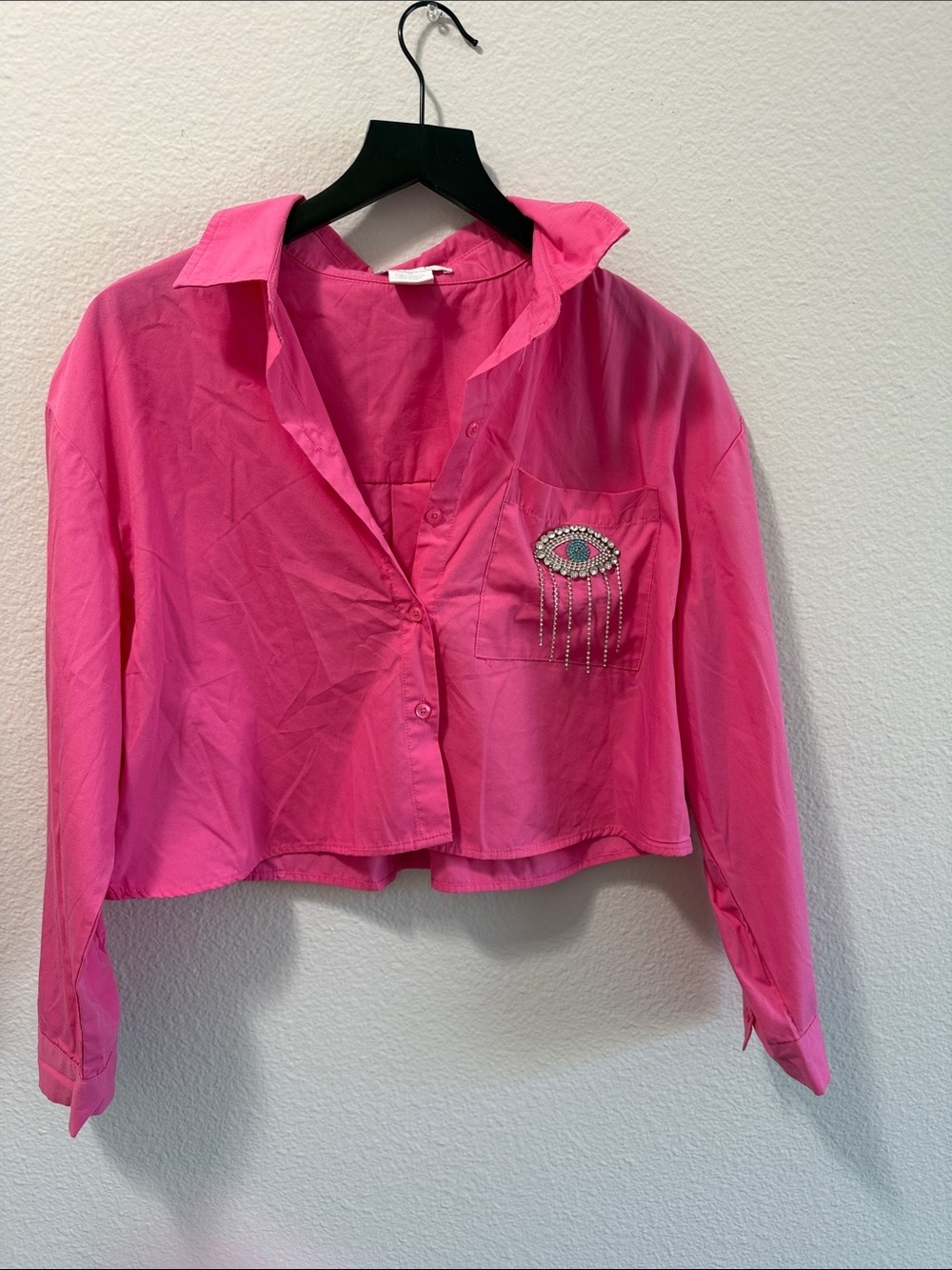 Pink Cropped Button Up Blouse Rhinestone Eye Pocket Embellished Size M